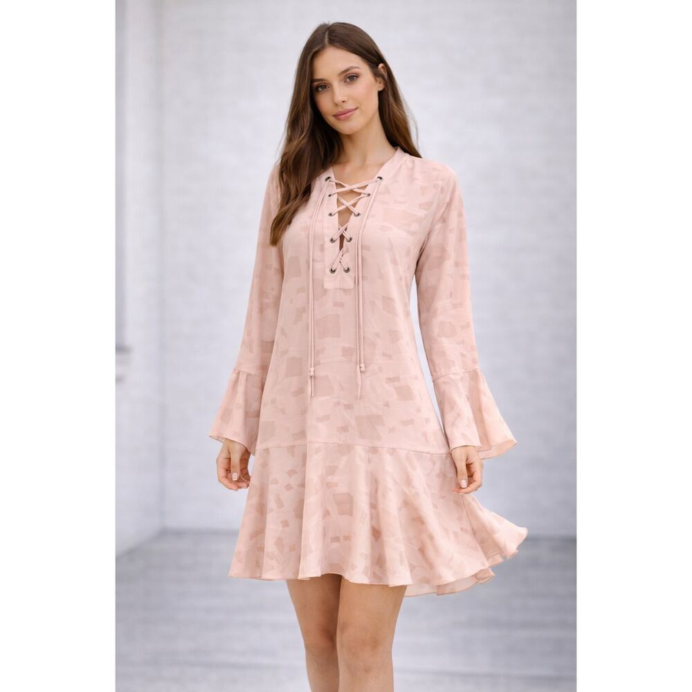 IRO Ralene Dress 4 Small EU 36 Blush Pink Lace-Up Flounce Hem Bell Sleeve